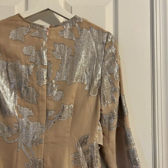 Self Portrait Dress Metallic Fil Coupe Ruffle Mini Beige Tan Silver Cocktail 4 - Picture 10 of 15